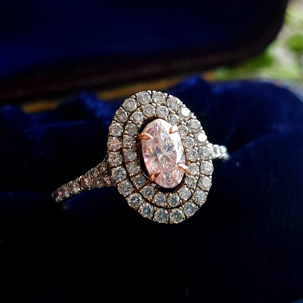 Oval Pink Diamond Double Halo Ring - 14k White Gold, Appraisal Included